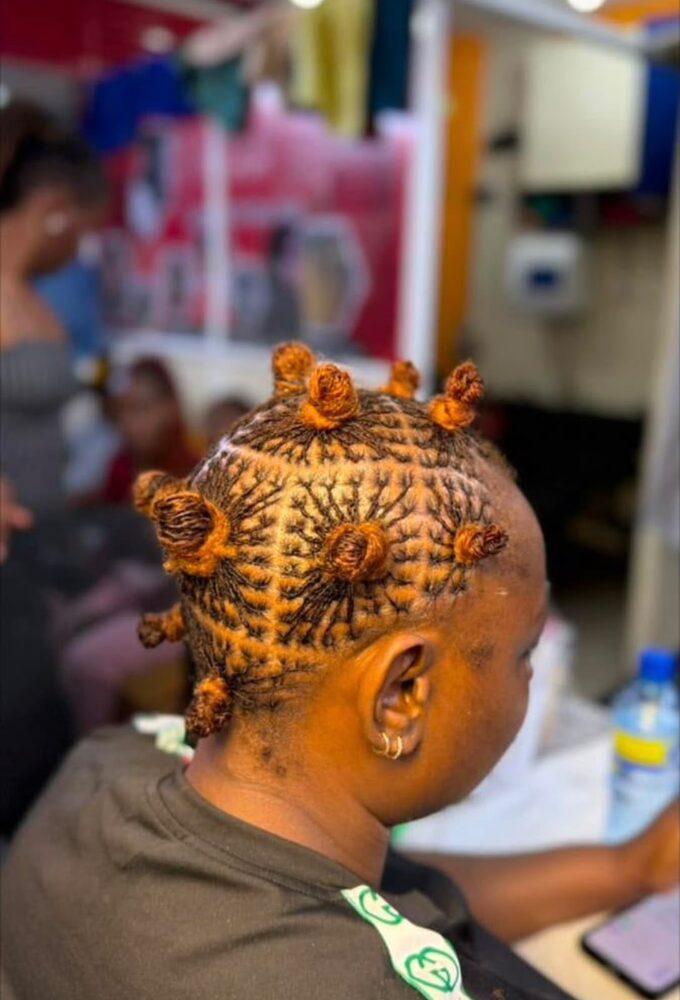 Geometric parting pattern with bantu knots
