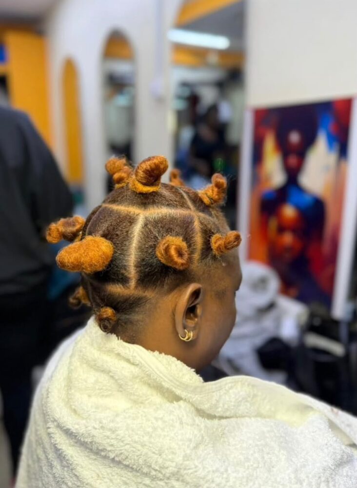 Auburn bantu knots on precision parting