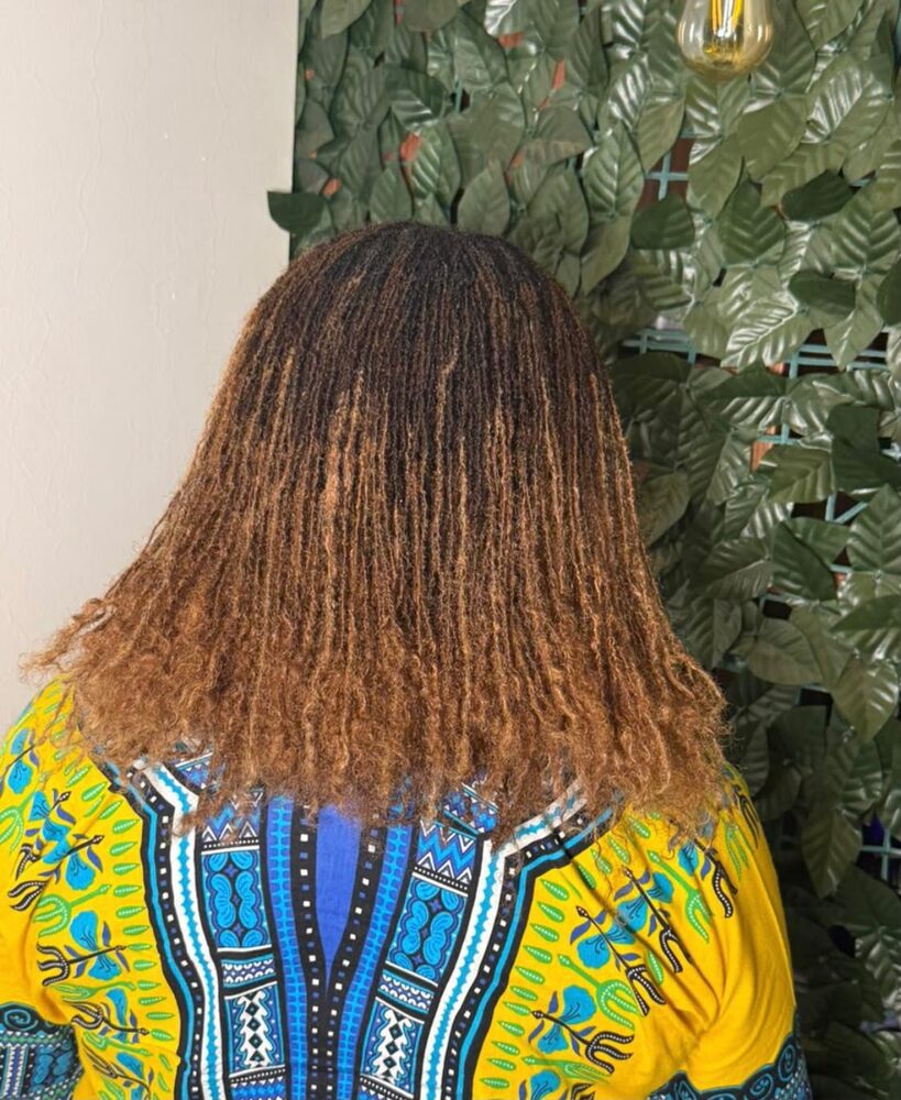 Honey blonde locs, back view