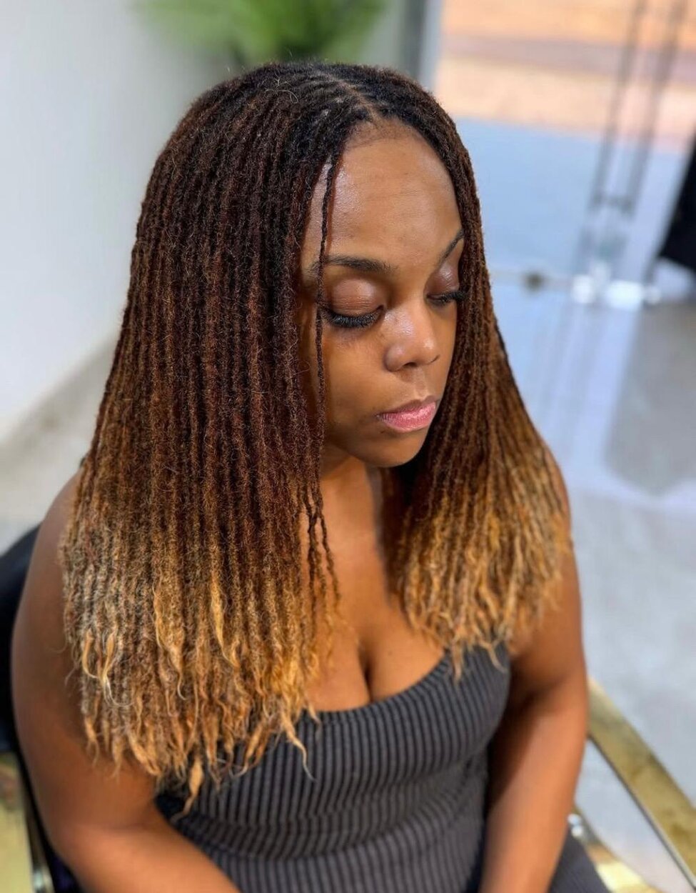 Sisterlocks Crib client with long honey-to-copper ombré locs